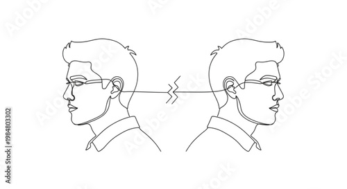 Continuous Line Art Two People Back to Back Misunderstanding Communication Break Minimal Illustration