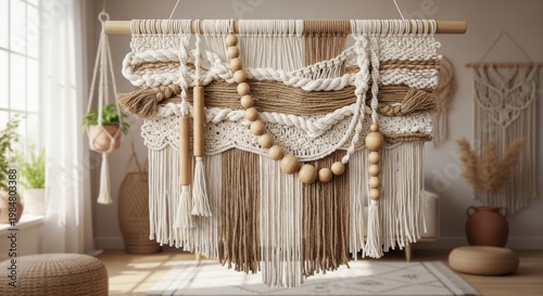 Large Boho Macrame Wall Hanging Featuring Natural Fibers Wood Beads and Tassels