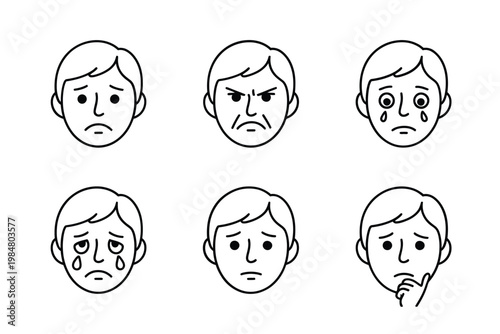 A series of six simple black and white line drawing illustrations depicting various human emotions
