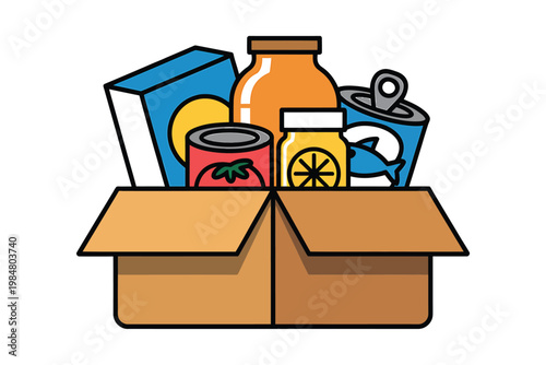 A cardboard box filled with various canned and packaged food items depicting a donation