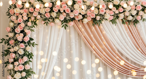 Romantic floral wedding backdrop with pink roses drapery and fairy lights