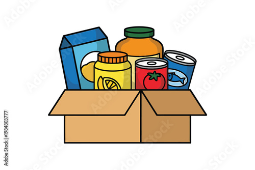 A colorful illustration depicts a cardboard box filled with various canned and packaged foods