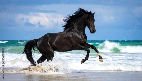 Glossy black horse gallops joyfully along sandy beach, ocean waves splashing