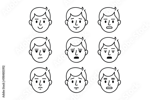 A collection of nine simple line art faces depicting various human emotions