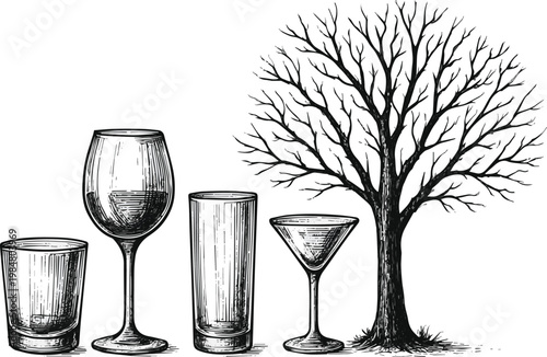 Created on Set of glass and tree.Tree silhouette by hand drawing vector art on white background