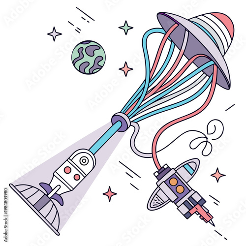 Fotografie Retro sci-fi space illustration featuring a mothership connected to smaller spac