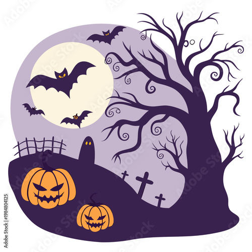 Spooky halloween night illustration with bats flying over graveyard pumpkins and gnarly tree under full moon jack o lantern halloween graveyard cemetery illustration celebration silhouette