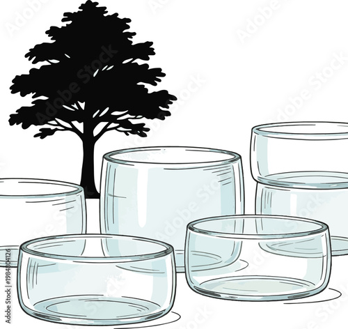 Created on Set of glass and tree.Tree silhouette by hand drawing vector art on white background