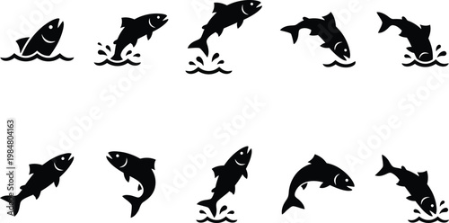 Jumping salmon silhouettes vector set, black fish leaping from water icons, 10 salmon swimming and splashing elements for fishing and nature design