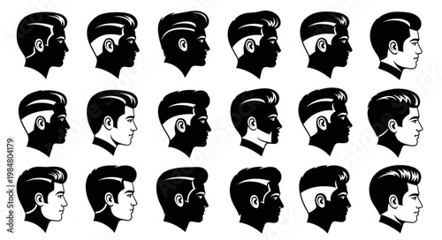 Set of male profile silhouettes with varied hairstyles and beards.