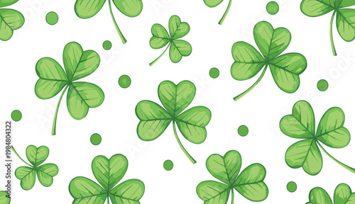 Green Shamrock Clover Pattern Collection Featuring Scattered Three and Four Leaf Clovers with Dots for Saint Patricks Day Irish Holiday Celebration Design
