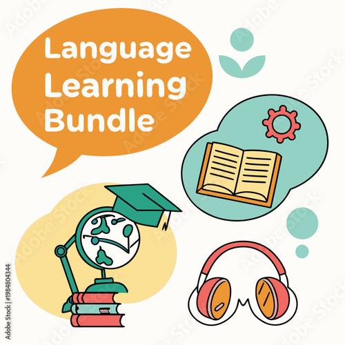 Language learning bundle concept graphic with educational icons including world globe graduation cap books and audio headphones language learning education graduation headphone textbook