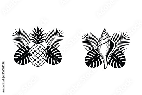 Tropical botanical arrangements featuring a pineapple and a conch shell in monochrome