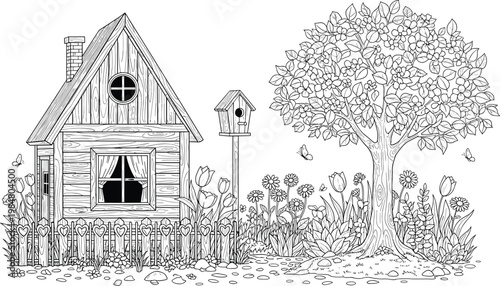 Detailed Black and White Cottage Garden Scene Featuring Rustic Wooden House Birdhouse Blooming Tree Flowers Butterflies and Fence for Coloring Book Design
