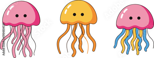 Colorful cute jellyfish cartoon vector set with smiling faces marine life illustration isolated on white background design