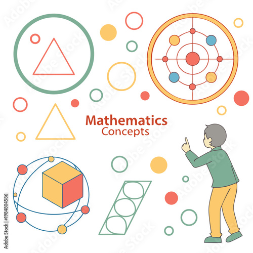Children's mathematics concepts illustration featuring geometric shapes diagrams and a boy learning basic math principles mathematics education learning geometry triangle calculation classroom