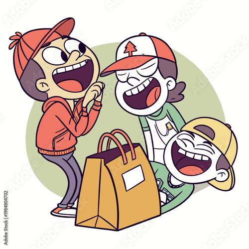Two excited cartoon boys and one girl happily gathered around a brown paper shopping bag eagerly anticipating its contents shopping spree shopping trip children shopping excitement illustration