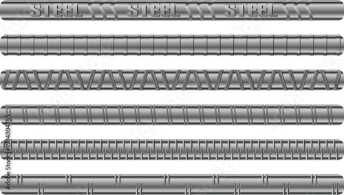 Steel Rebar Set Vector, Reinforcement Bars Collection for Construction, Realistic Metal Rods Isolated on White Background