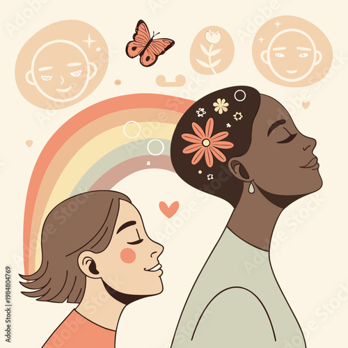 Diverse women smiling with peaceful expressions featuring rainbow and floral elements diversity butterfly happiness inclusion friendship togetherness meditation positivity kindness equality