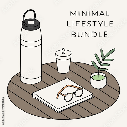 Minimal lifestyle illustration set with water bottle candle plant and glasses on table still life lifestyle isometric illustration organized wellness productivity interior hydration elements