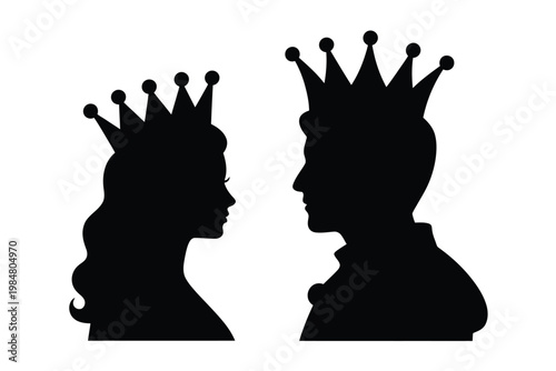 A striking silhouette depicts a king and queen facing each other in regal profiles
