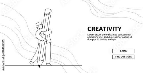 Creative concept illustration with person holding giant pencil minimal line art design inspiration banner template