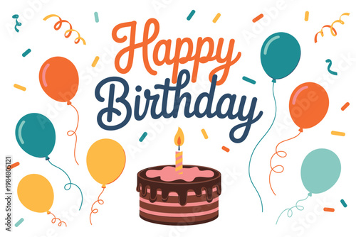A colorful birthday illustration featuring balloons cake and celebratory confetti