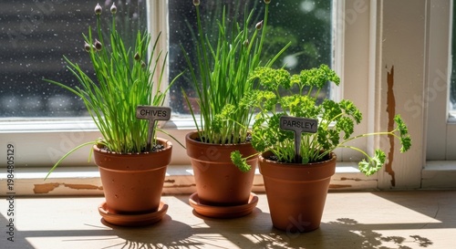 Tiny kitchen herb garden with chives and parsley growing on a sunny windowsill