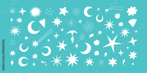 A whimsical arrangement of celestial bodies including stars crescent moons and shooting stars against a teal background high quality professional detailed modern elegant