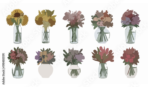 Flower bouquet vector set in glass and ceramic vases with sunflowers roses and tulips in grid layout isolated on white