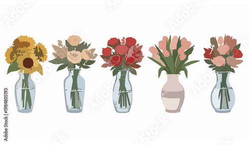 Beautiful flower bouquet collection in glass and ceramic vases with sunflowers roses and tulips vector isolated on white