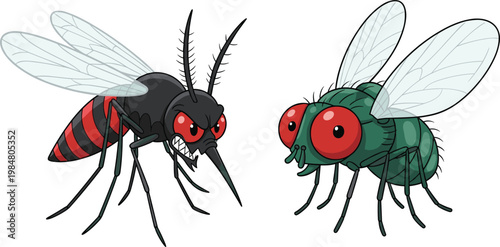 Mosquito and Fly Cartoon Illustration with Detailed Insect Characters for Pest Control, Disease Awareness, and Educational Biology Design Concepts