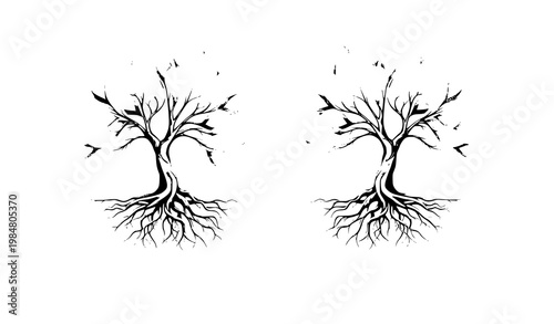 Decorative trees with colorful blossoms and roots artistic vector illustration