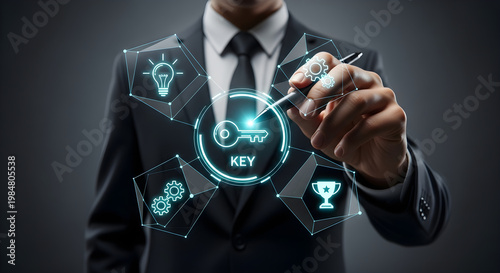 Executive unlocking potential with digital key symbol representing strategic success goals.