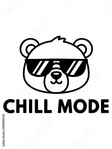 Fun bear face, chill mode, vector illustration, black and white