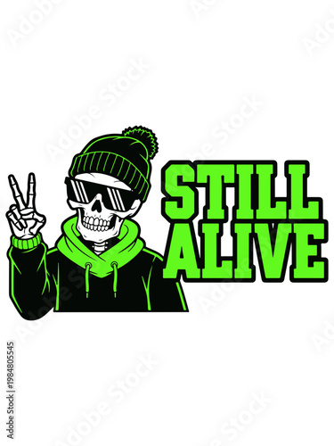 Funny skeleton character, still alive concept, neon green text, vector illustration, skull with peace sign
