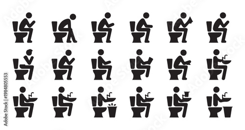 Silhouettes of People Sitting on Toilet in Various Poses Icon Set