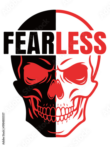 Fearless skull logo, bold graphic design, black and red illustration, vector icon