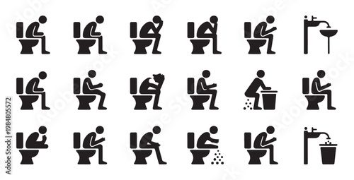 People Using Toilet and Bathroom Icons Set Silhouette