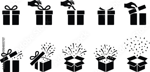 Black gift box opening animation sequence, 10 flat vector icons showing unboxing process, surprise present with confetti and ribbon bow