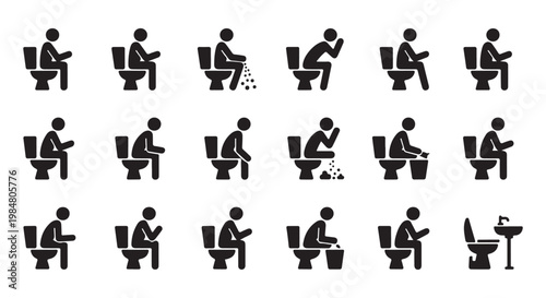 Bathroom and Toilet Hygiene Icons Set Featuring People in Different Situations