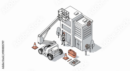 Isometric Industrial Boom Lift and Construction Worker for Building Maintenance and Repair Service