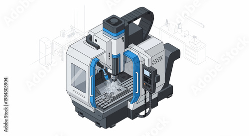 Isometric Illustration of a Modern CNC Milling Machine in an Industrial Workshop Setting, Automated Manufacturing and Precision Engineering Concept