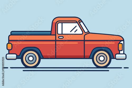 Classic red pickup truck driving on a blue background