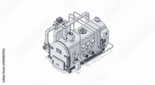 Isometric Industrial Boiler and Pipeline System Illustration - 3D Mechanical Engineering Equipment Line Art