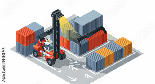 Isometric View of Container Handler Reach Stacker Loading Cargo Containers in a Logistics Port or Warehouse Terminal