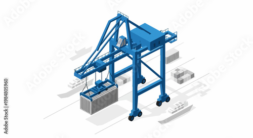 Isometric Blue Gantry Crane Lifting a Shipping Container at a Port, Logistics and Maritime Global Trade Concept Illustration