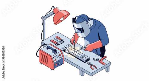 Isometric Illustration of a Professional Welder Working at a Workbench with Welding Machine and Protective Gear in a Metalworking Workshop