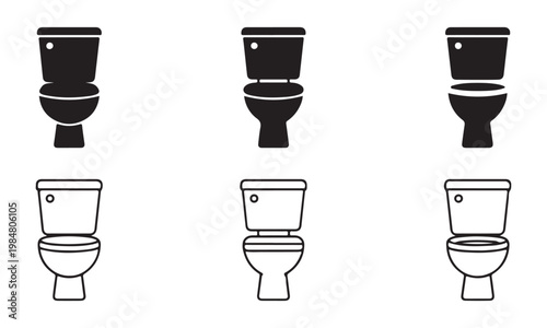 Front View Toilet Bowl Icons in Black Silhouette and Outline
