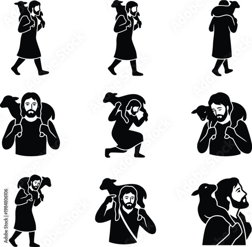 Biblical good shepherd silhouette icons, religious man carrying lost sheep on shoulders, set of 9 Christian faith vector illustrations